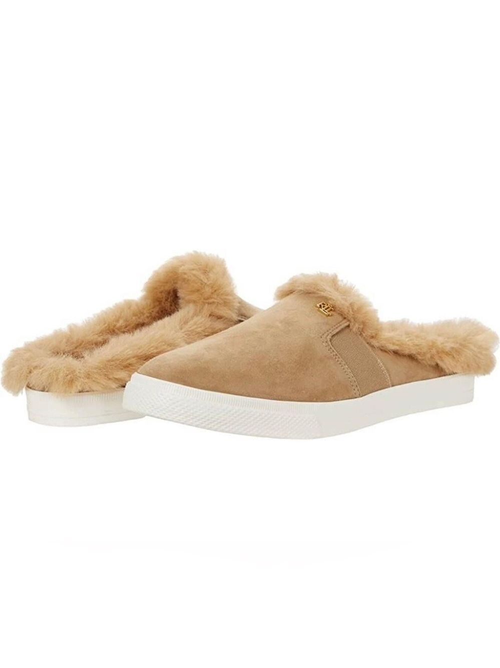 Nib Ralph Lauren Jinny Faux Fur Trim Suede Mule Slippers